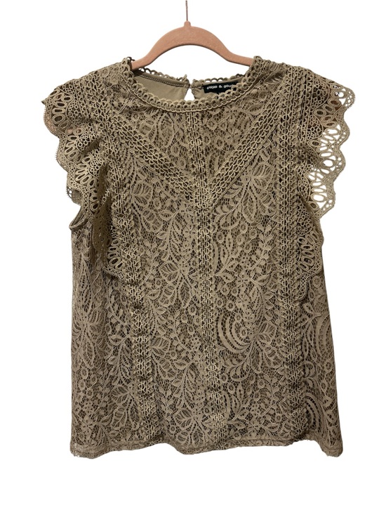 Cable & Gauge Tops - Cable & Gauge Tan/Taupe Lace Flutter Sleeve Shell